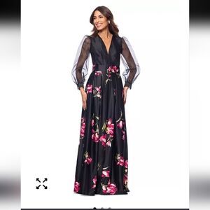 $289 Betsy & Adam Women Organza-Sleeve Floral Belted Gown Sz 4 Old Money